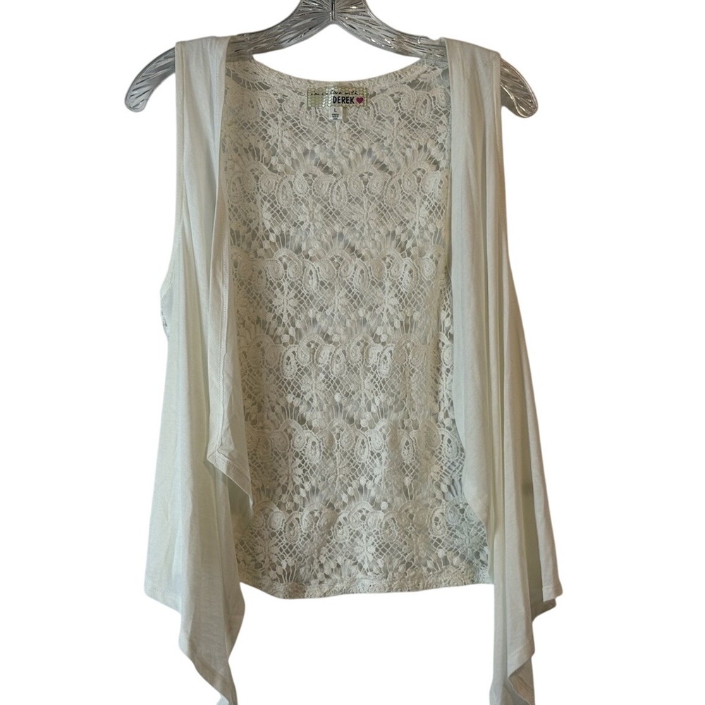 Derek‎ Heart Womens White Open Cardigan Crochet Back Sz L Sleeveless Boho
